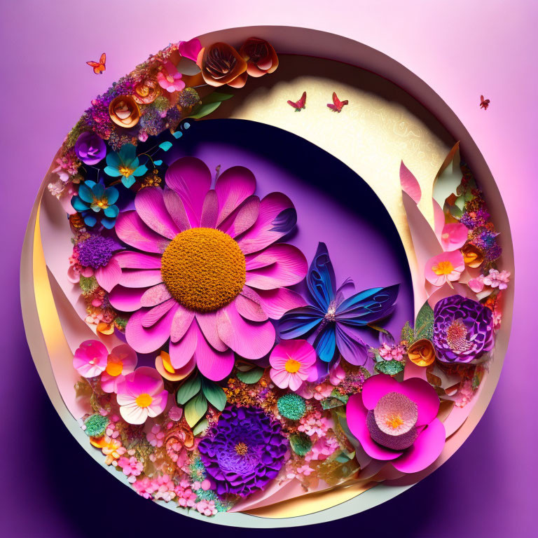 Colorful 3D floral arrangement with pink flower, butterflies, and swirls