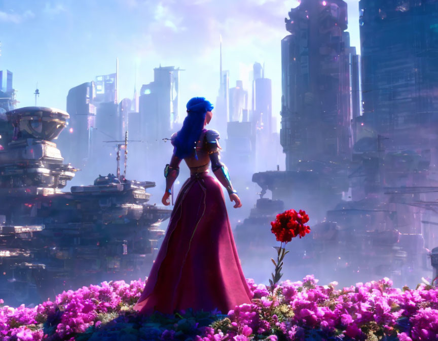 Character in Blue and Purple Outfit Surrounded by Pink Flowers and Futuristic Cityscape