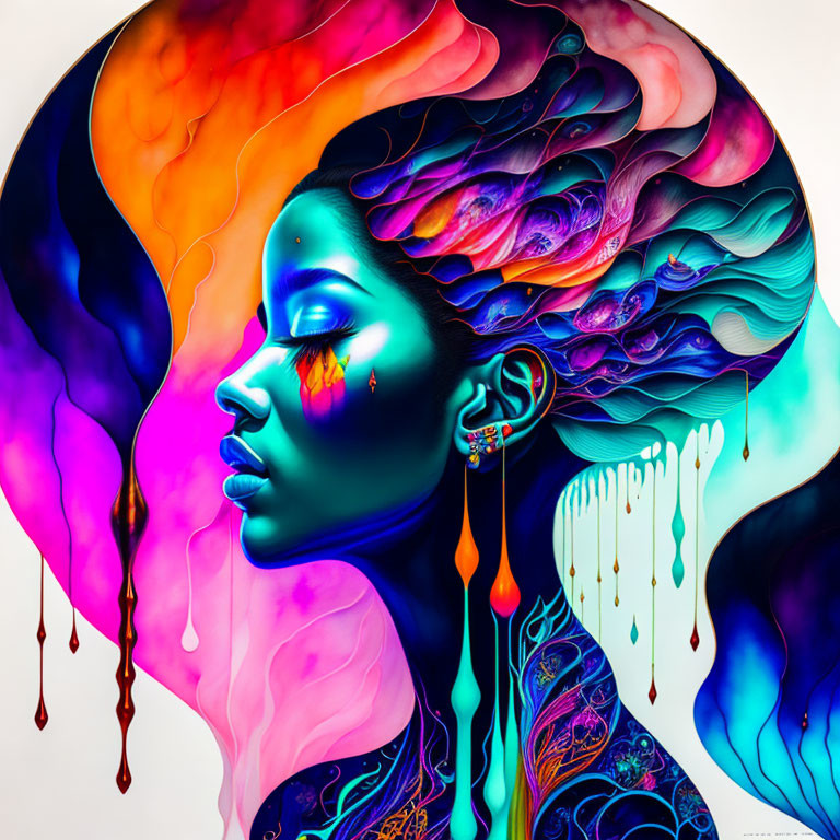 Colorful digital artwork of woman's profile with flowing, multicolored hair and dripping paint details