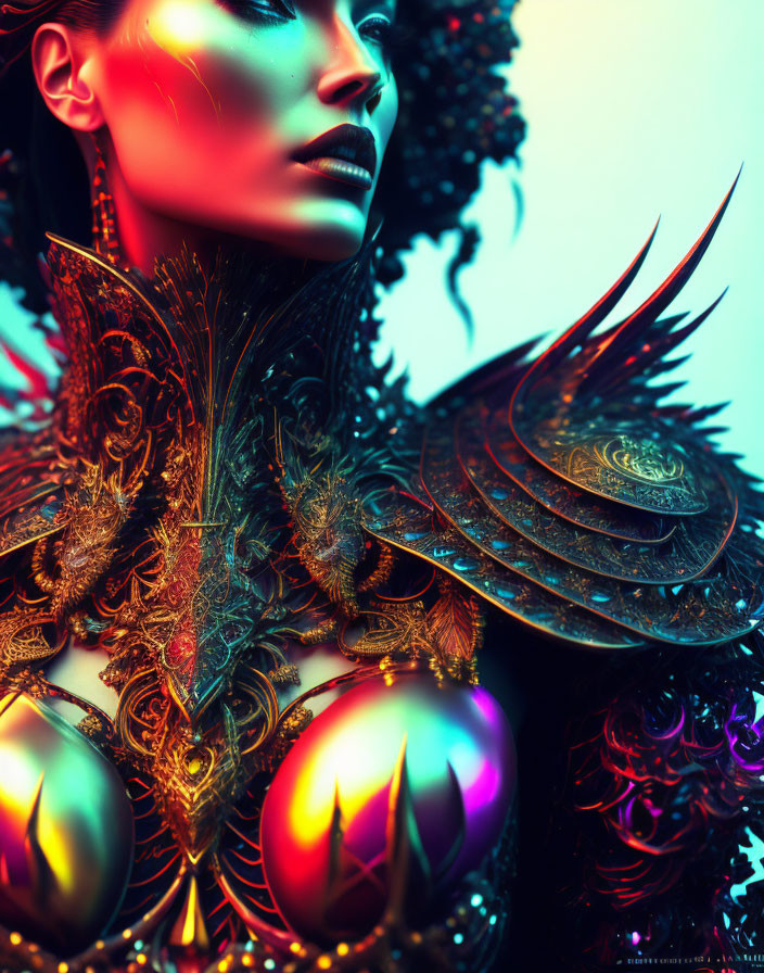 Stylized portrait with ornate shoulder piece and colorful lighting