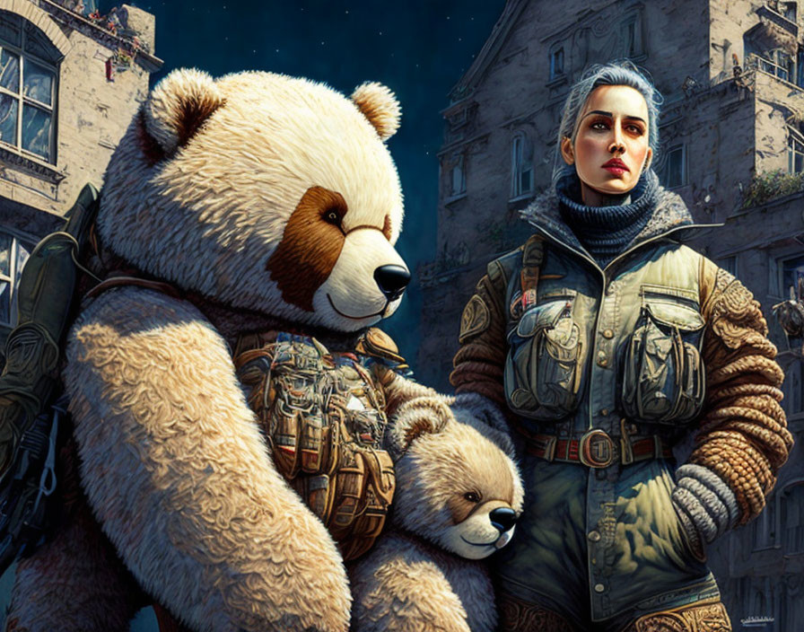 Silver-haired woman with scar and giant teddy bear in military vests against urban backdrop