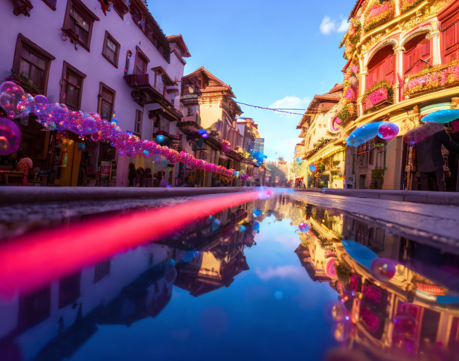 Historical buildings on a wet street at dusk with pink and blue lights