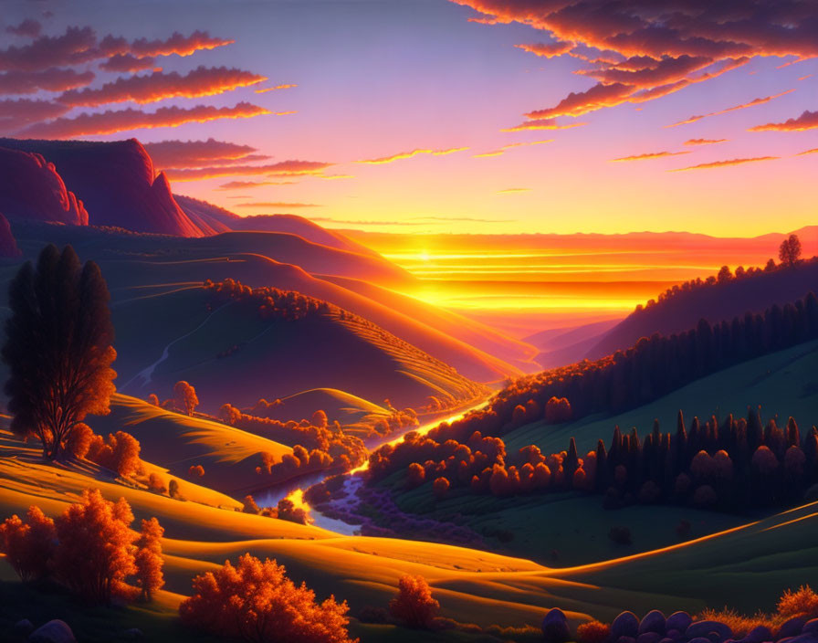 Vibrant sunset over rolling hills with tranquil river and trees