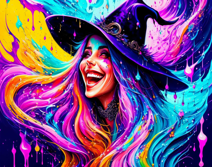 Colorful digital artwork: Laughing woman in witch's hat with flowing hair on vibrant splatter background