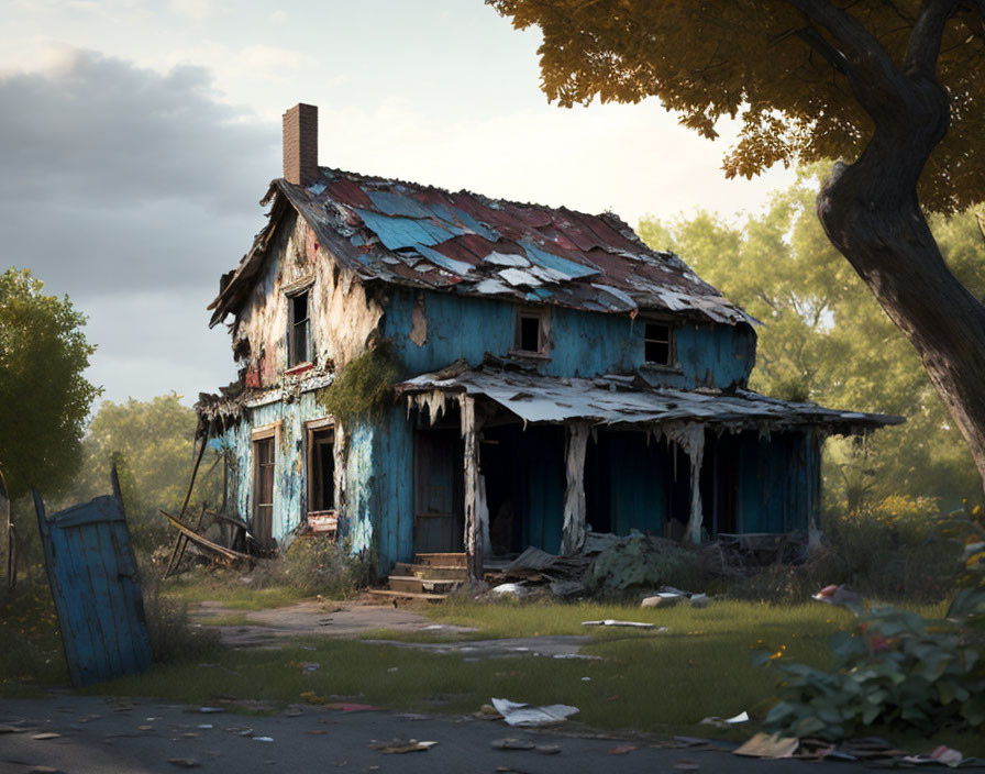 Decrepit Two-Story House with Peeling Blue Paint and Crumbling Porch