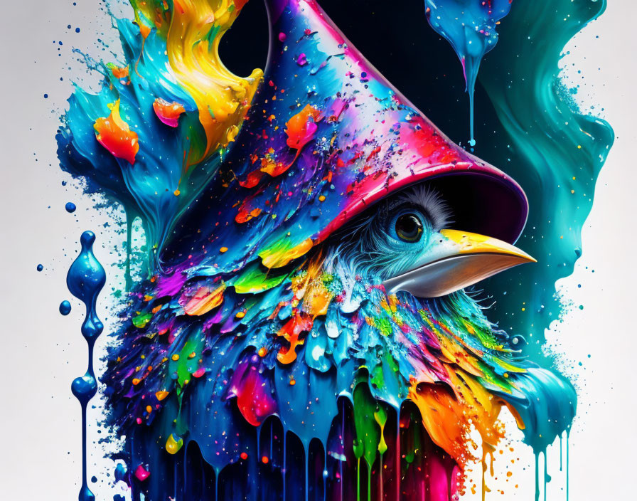 Colorful Digital Artwork: Bird with Whimsical Hat and Vibrant Paint Splashes