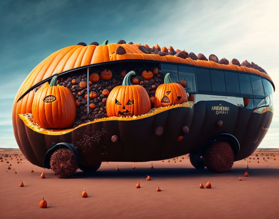 Bus-shaped pumpkin filled with pumpkins and jack-o'-lanterns in desert landscape