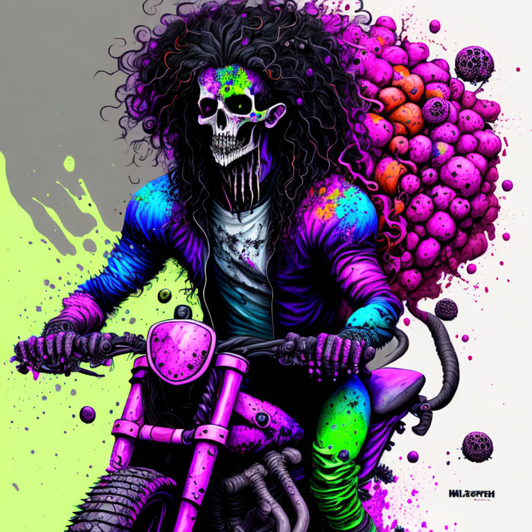 Colorful skeletal figure on motorcycle with neon face paint in vibrant illustration