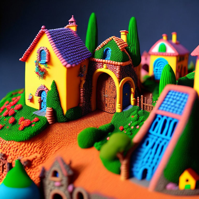 Vibrant miniature fantasy landscape with whimsical houses and staircase.