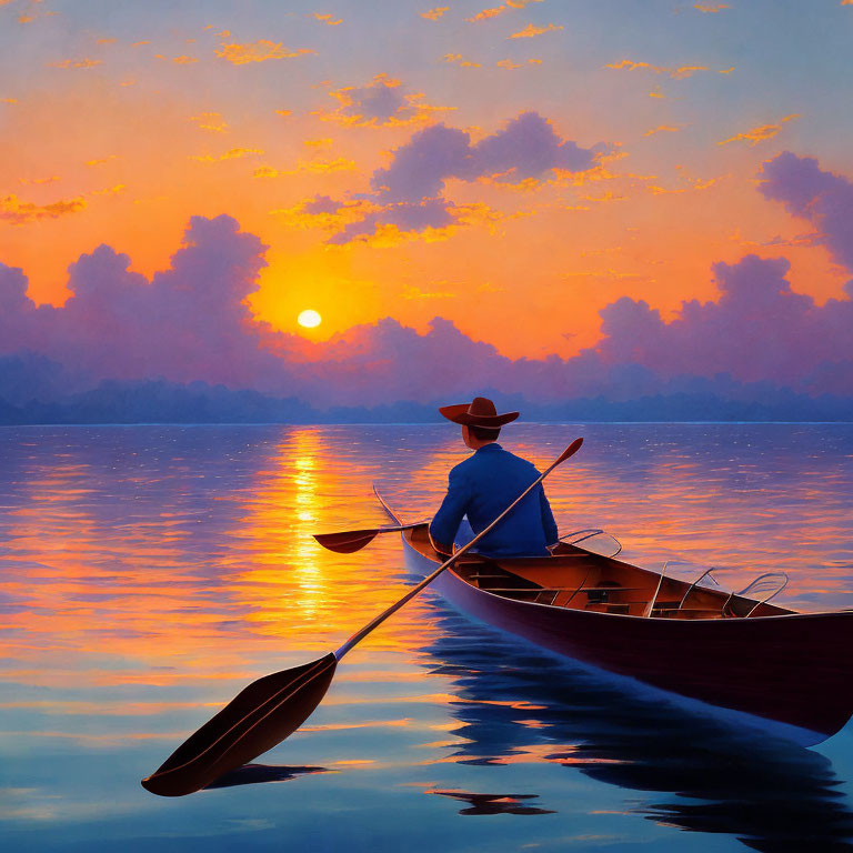 Person in hat paddling canoe on calm waters at vivid sunset