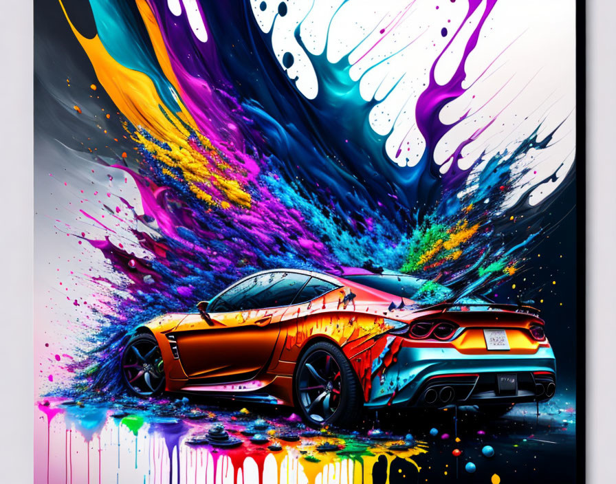 Colorful Abstract Sports Car Artwork with Dynamic Paint Splashes