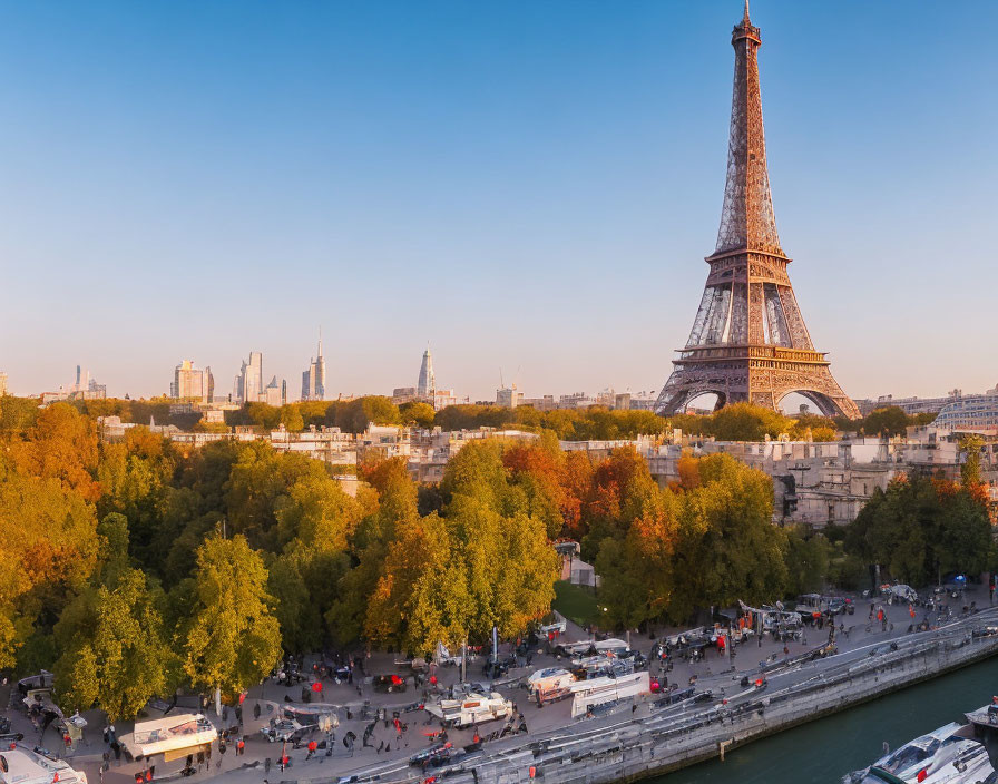 Scenic Autumn View of Eiffel Tower and River Seine with People