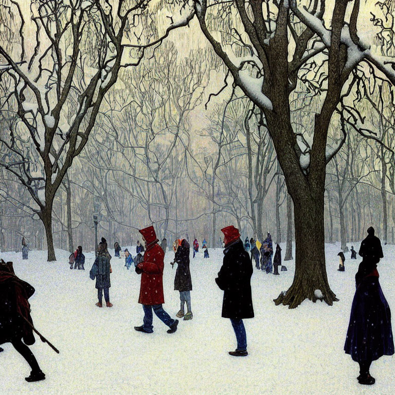 Vintage-style Winter Outfits Illustration in Snowy Park