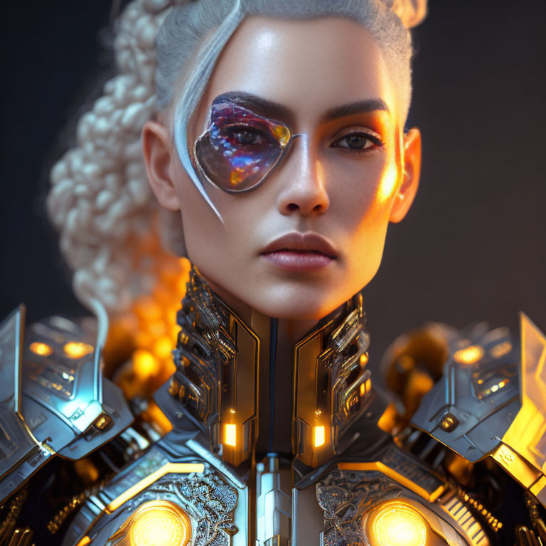 Futuristic woman with mechanical body and golden neckpiece, unique eyepiece, blonde braided