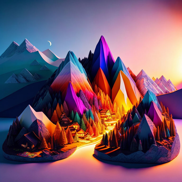 Colorful digital art: stylized mountains, glowing village, pine trees, twilight sky.