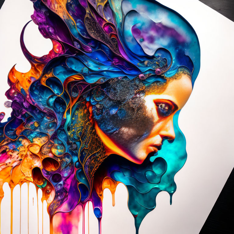 Colorful Profile Face Artwork with Liquid Patterns on White Background