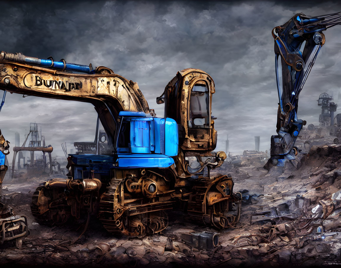 Weathered excavators on desolate, rubble-strewn landscape with industrial structures.