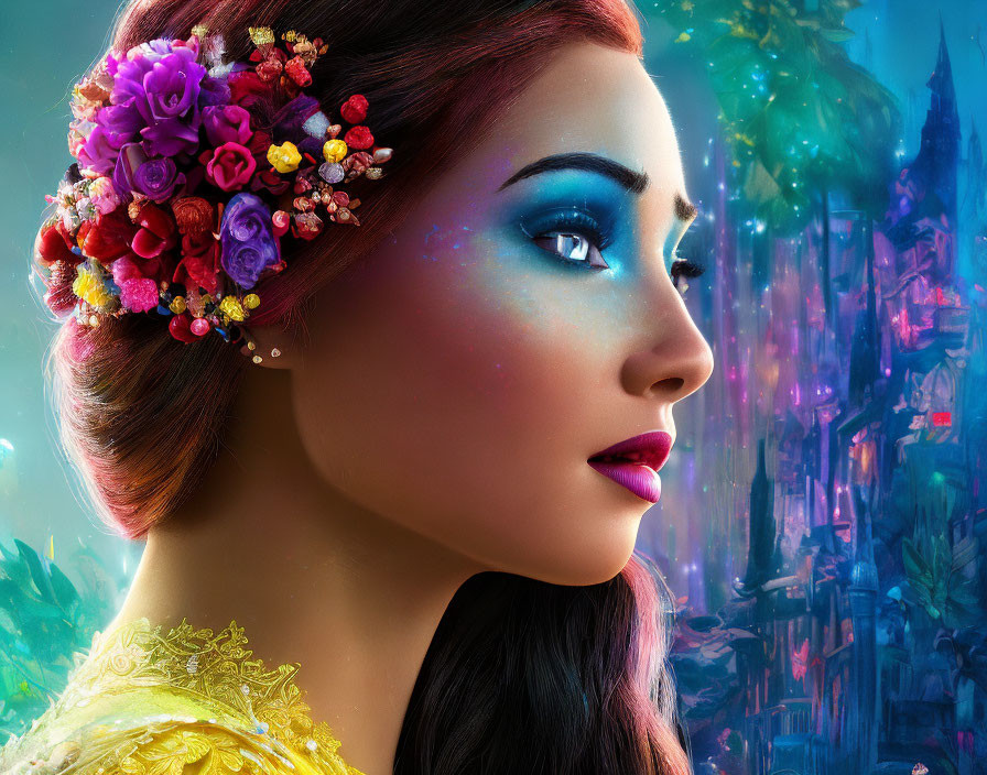 Colorful Floral Headpiece and Vibrant Makeup Woman with Fantastical Cityscape