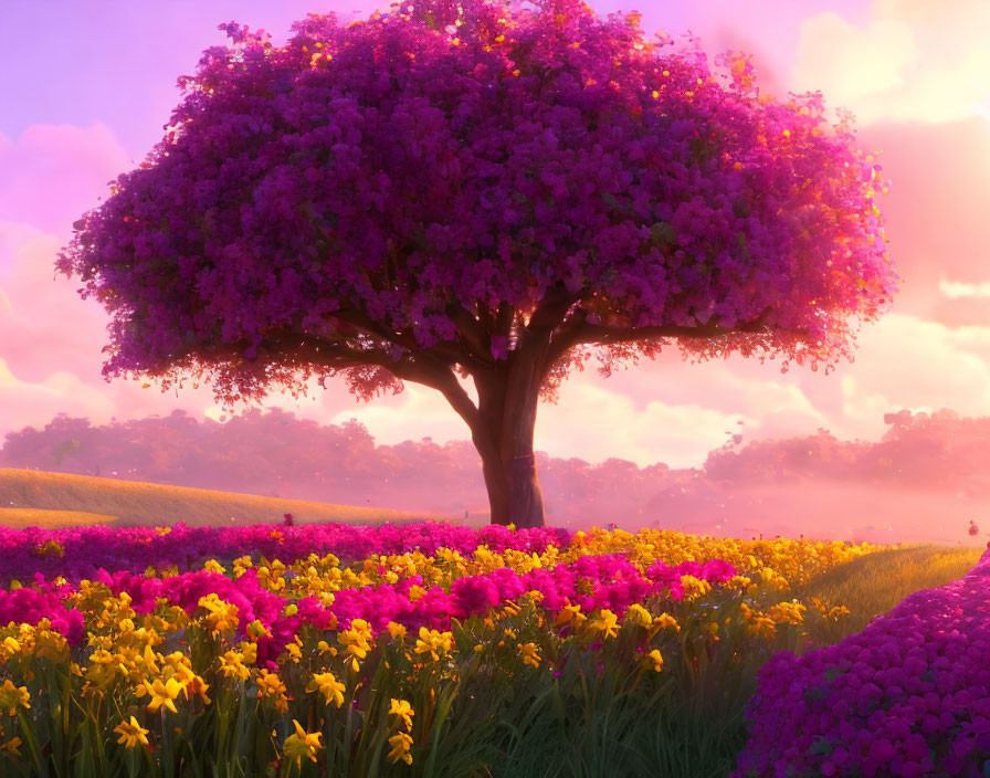 Colorful sunrise landscape with purple tree and yellow-pink flowers