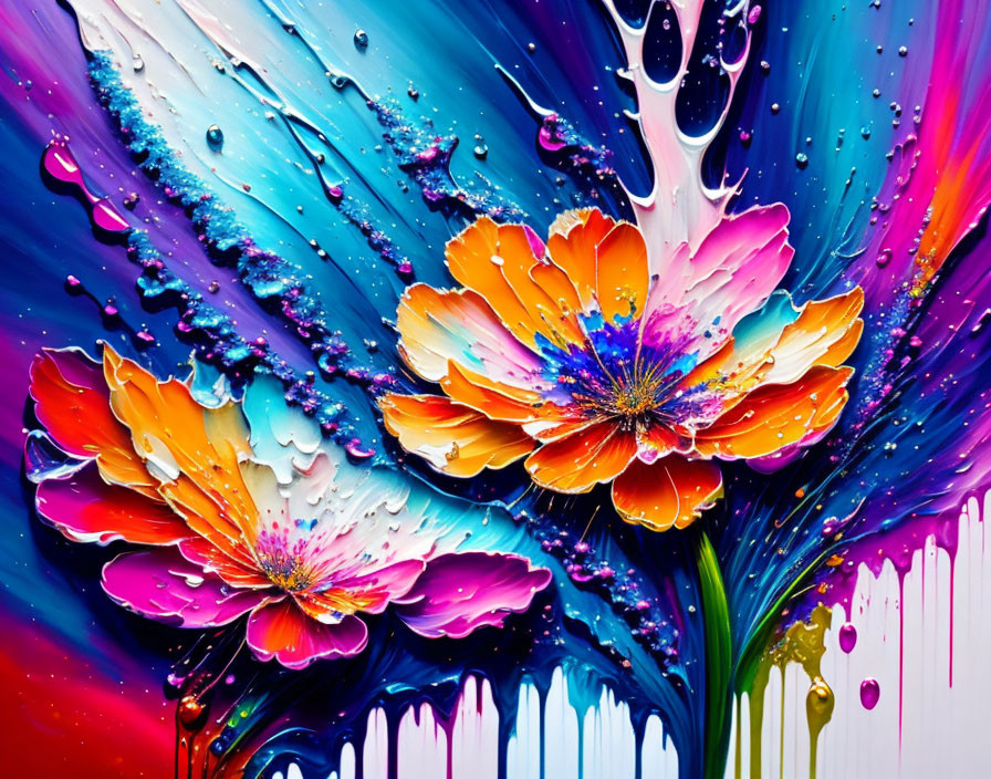 Abstract multicolored painting of two flowers with dripping paint effects on a vivid background