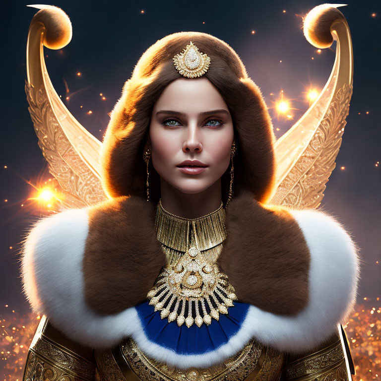 Regal woman with golden jewelry in celestial setting