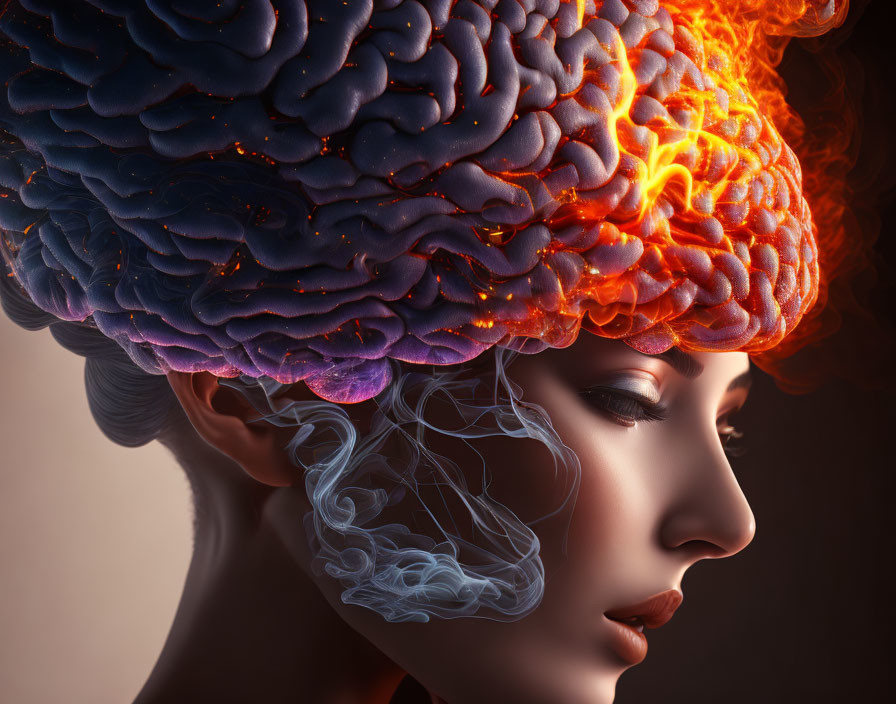 Digital artwork: Woman's profile merges with brain, transitions to fiery and icy elements