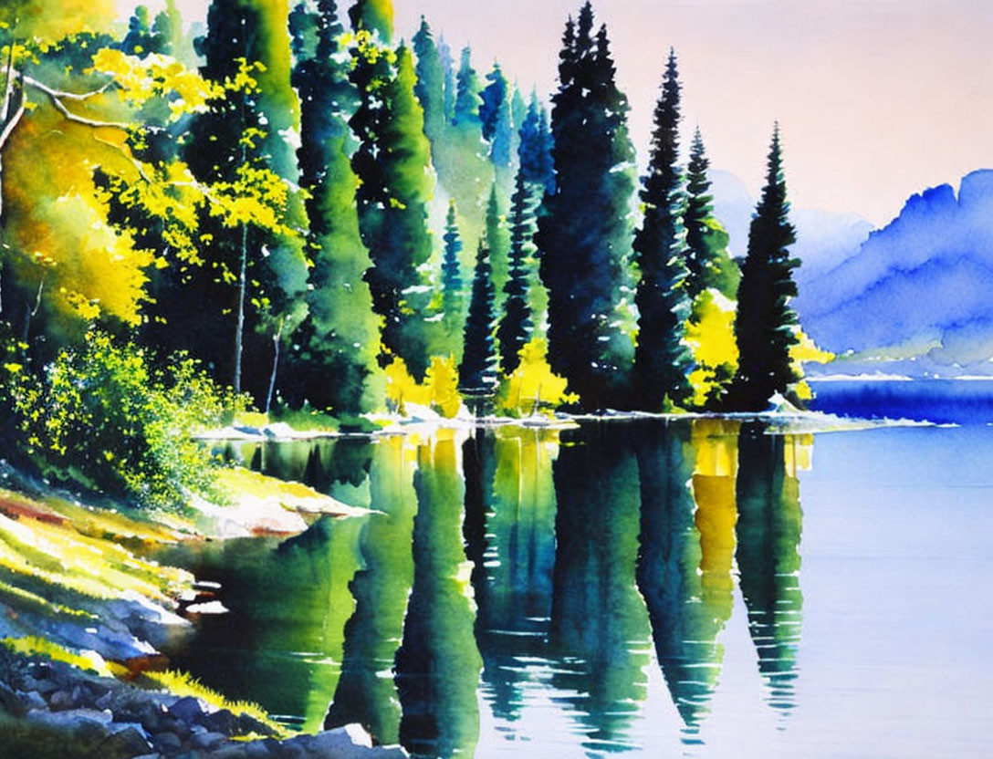 Serene lakeside scene with vibrant watercolor of pine trees and foliage