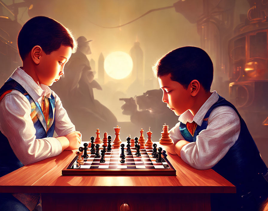 Animated children playing chess in vintage-style room with gear motifs