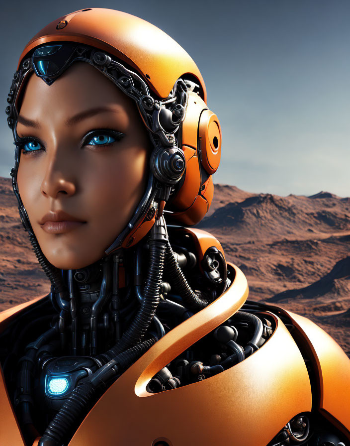 Detailed Orange-Black Helmet Humanoid Robot in Desert