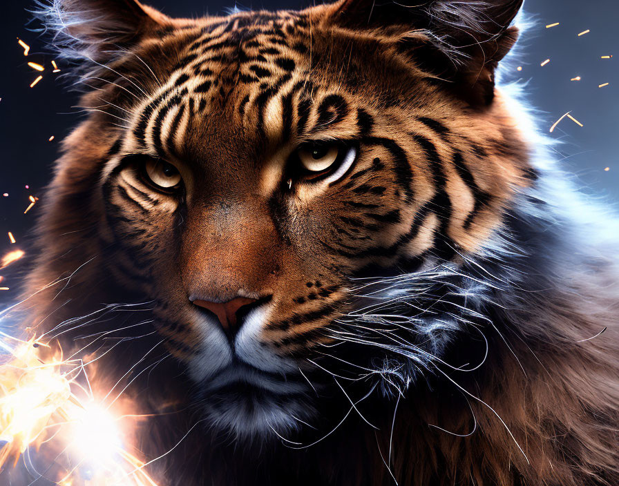 Detailed Close-Up of Intense Tiger Face in Sparkling Light