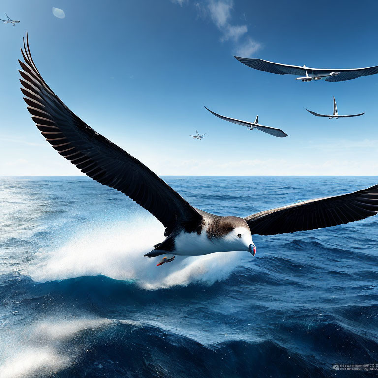 Albatross flying over ocean waves with plane and clear blue sky