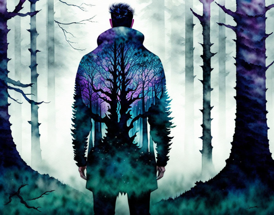 Silhouette of Man Blending with Purple Forest Scene