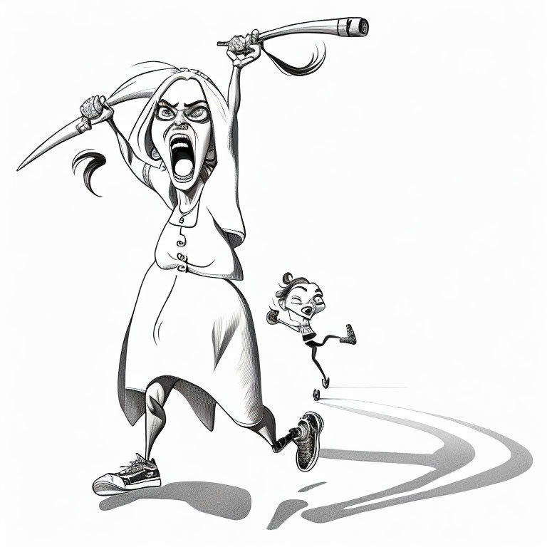 Exaggerated comic-style drawing of angry woman with rolling pin and scared man running