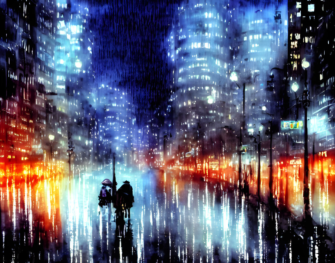 Rainy night cityscape painting with city lights reflections and silhouettes.