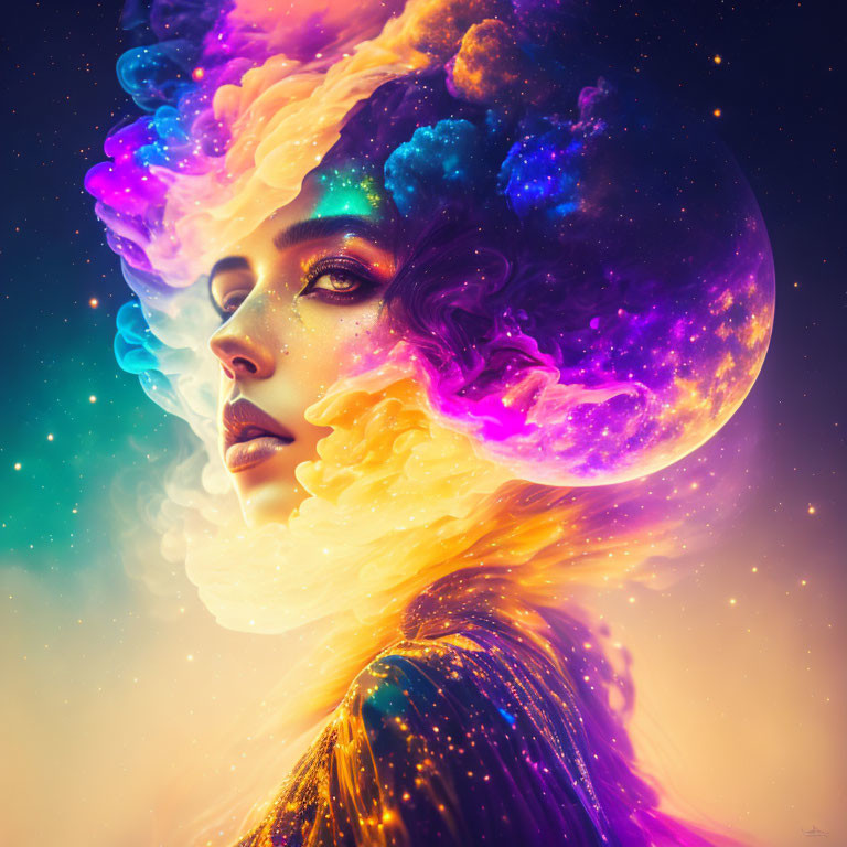 Colorful cosmic portrait blending woman's profile with galaxy-filled universe