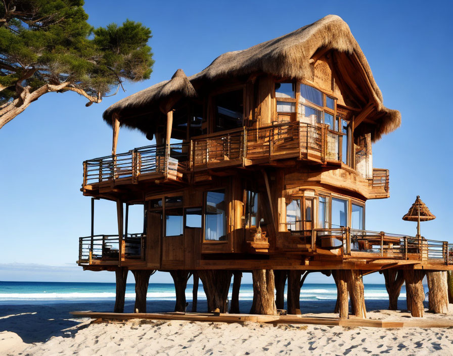 Thatched-roof wooden beach house on stilts by the sea