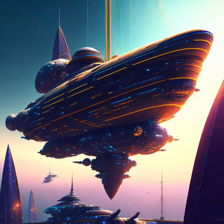 Futuristic city with towering spires and hovering spaceship in dusky sky