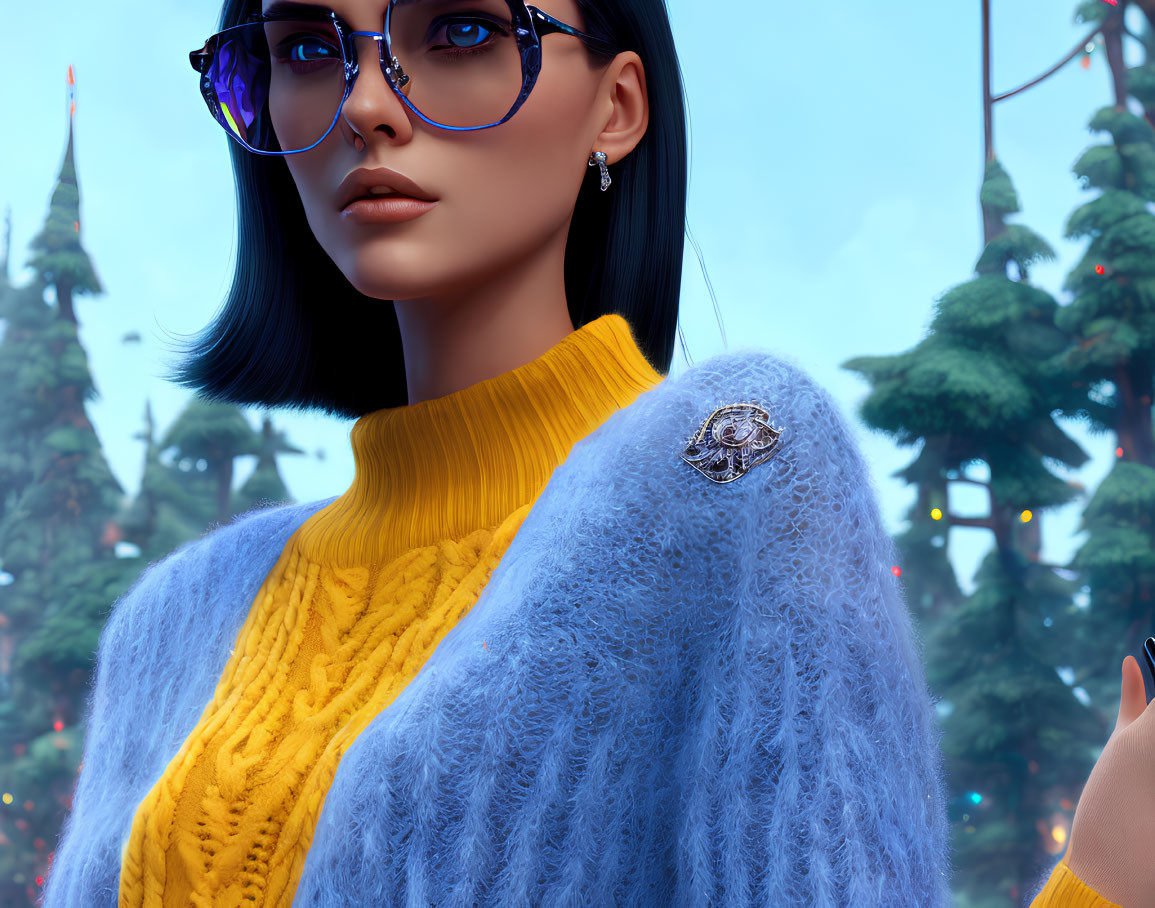 Digital Avatar in Blue Glasses and Yellow Sweater with Detailed Brooch, Winter Trees Background