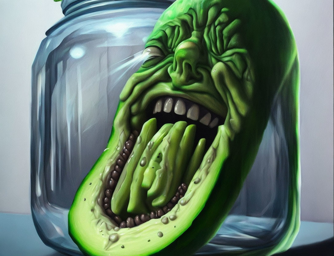 Surreal painting of distorted green face in glass jar