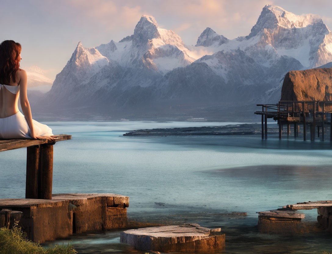 Person sitting on dock by serene lake with snow-capped mountains at sunset