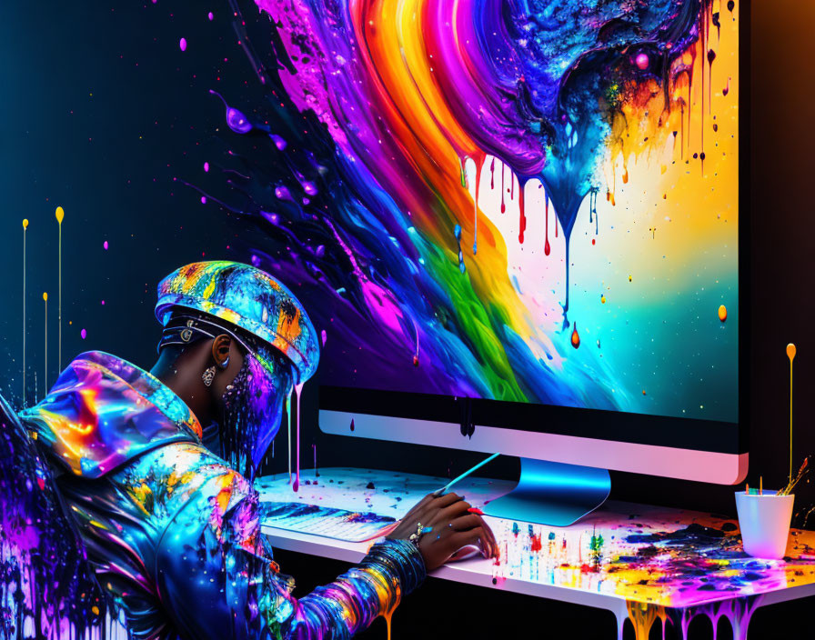 Vibrant artist creates digital art in colorful workspace