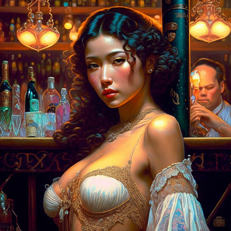 Detailed Painting: Woman in Vintage Attire at Bar with Man in Background, Ornate Bottles,