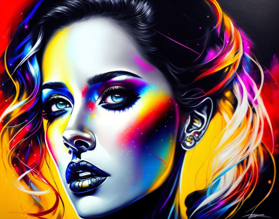 Colorful Cosmic Makeup Portrait of Woman with Neon Hair