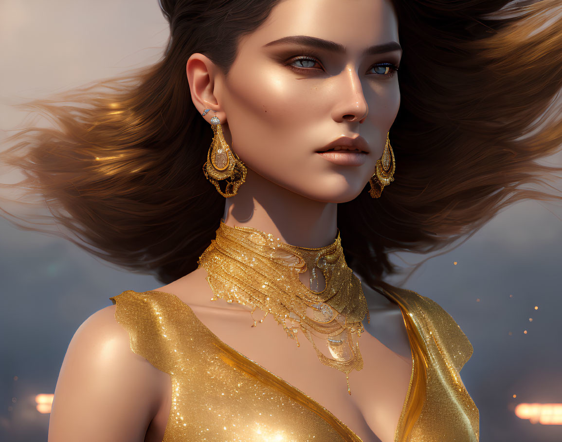 Digital artwork of woman in gold dress & jewelry with flowing hair, soft-focused warm background