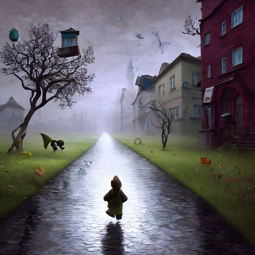 Child in Yellow Raincoat Walking Down Wet Cobblestone Street Amid Old Buildings and Moody Sky