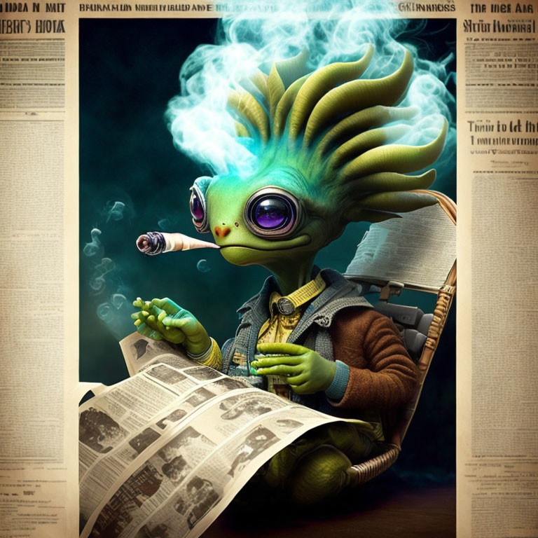 Anthropomorphic amphibian creature with large eyes reading newspaper and smoking cigar