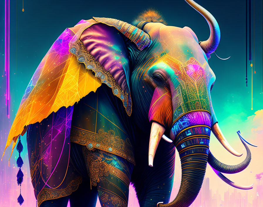 Colorful Digital Artwork of Elephant with Ornate Patterns and Decorated Cape