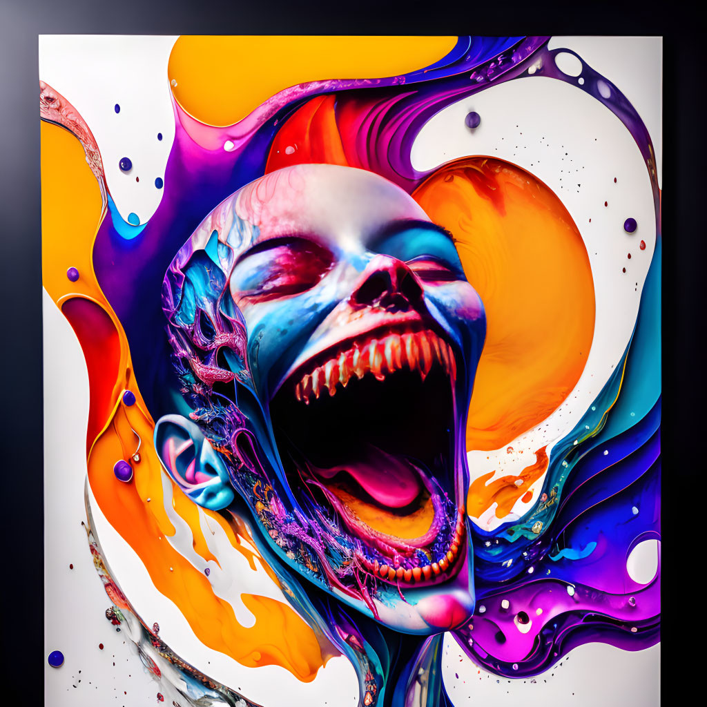 Colorful Skull Artwork with Swirling Liquid Shapes in Purple, Orange, Blue, and Pink