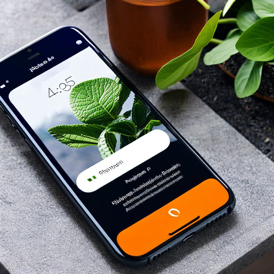 Smartphone displaying plant ID app with photosynthesis notification next to plant and cup on stone surface