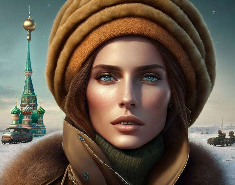 Portrait of woman with blue eyes in hat with St. Basil's Cathedral and snowy backdrop